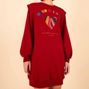Farm Rio Warm Welcome Heart Sweatdress Sweatshirt Dress Red Rainbow Heart Medium